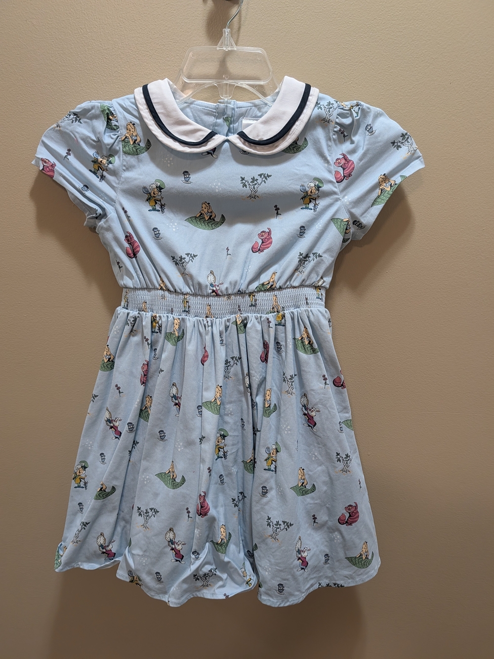 Disney Light Blue Alice In Wonderland Print Dress with White Collar Size 7/8